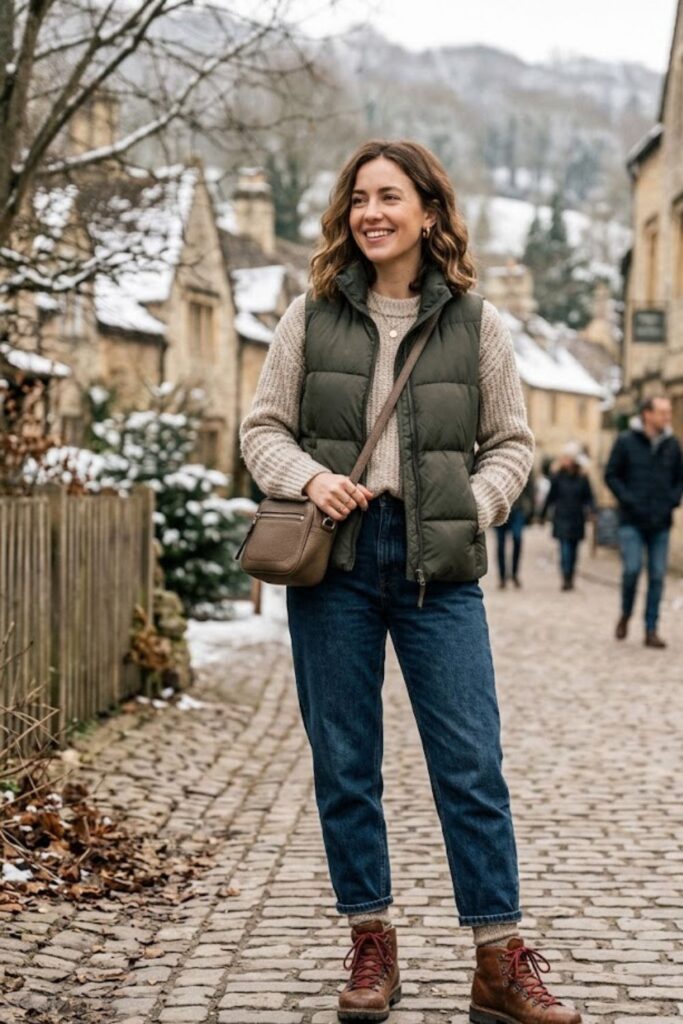 14. Puffer Vest With Long Sleeve Shirt and Jeans