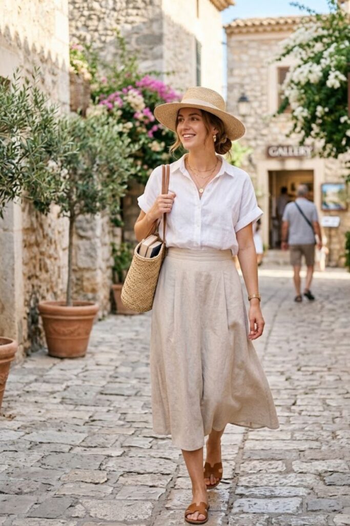 14. Short-Sleeve Blouse With Midi Skirt