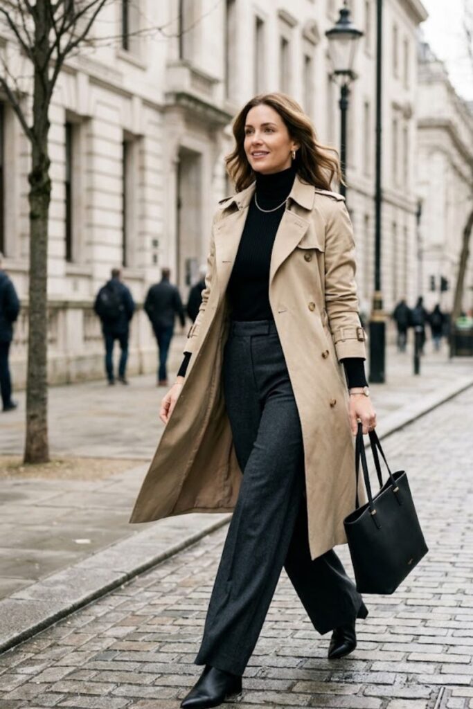 14. Trench Coat With Turtleneck and Wide-Leg Pants