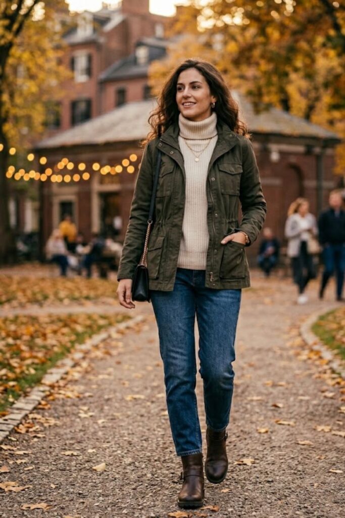 14. Utility Jacket with Jeans and Sweater