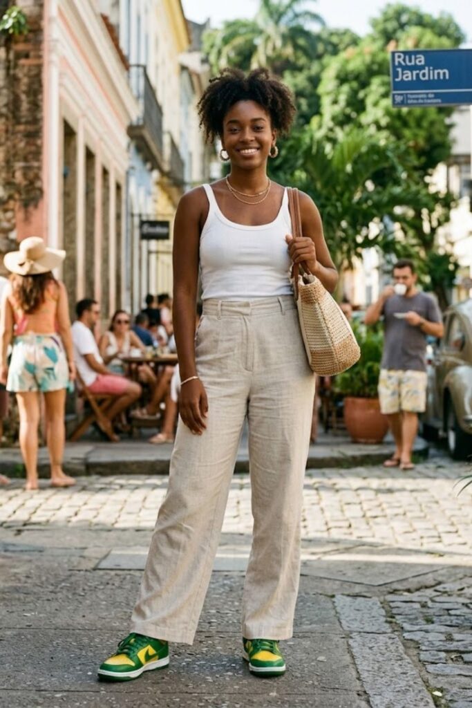 15. Brazil Dunks With Linen Pants and Tank Top