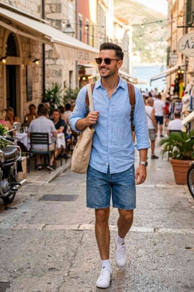15. Button-Up Shirt with Denim Shorts
