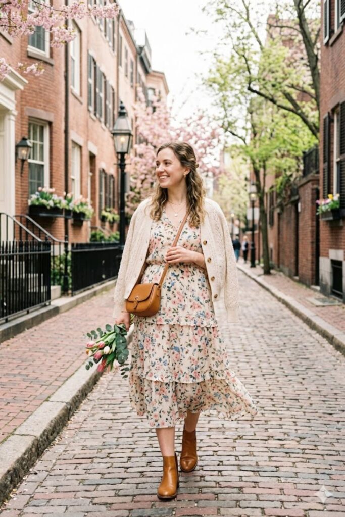 15. Cardigan With Floral Midi Dress
