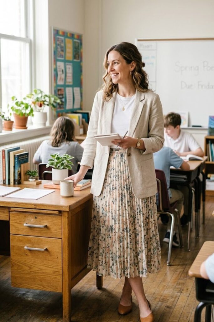 15. Casual Blazer with a Midi Skirt