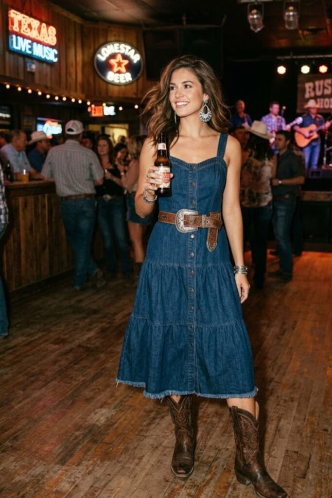 15. Denim Dress With Cowboy Boots