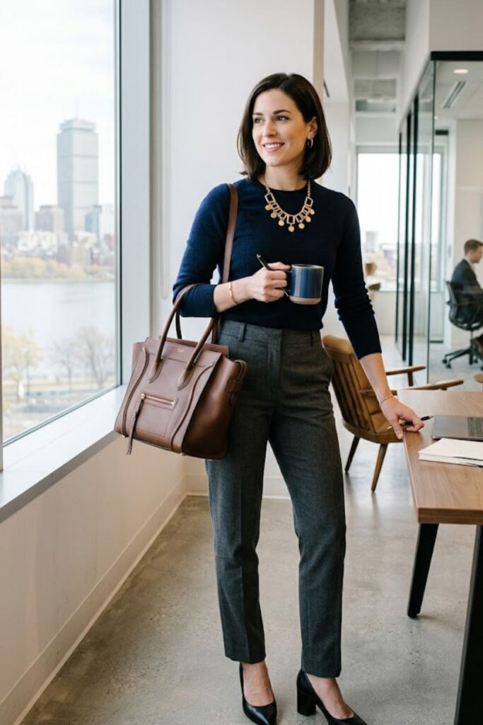 15. Dress Pants With Sweater and Statement Necklace