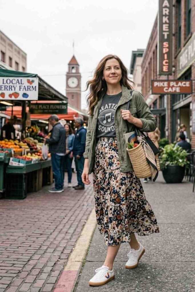 15. Graphic Tee with Jacket and Skirt