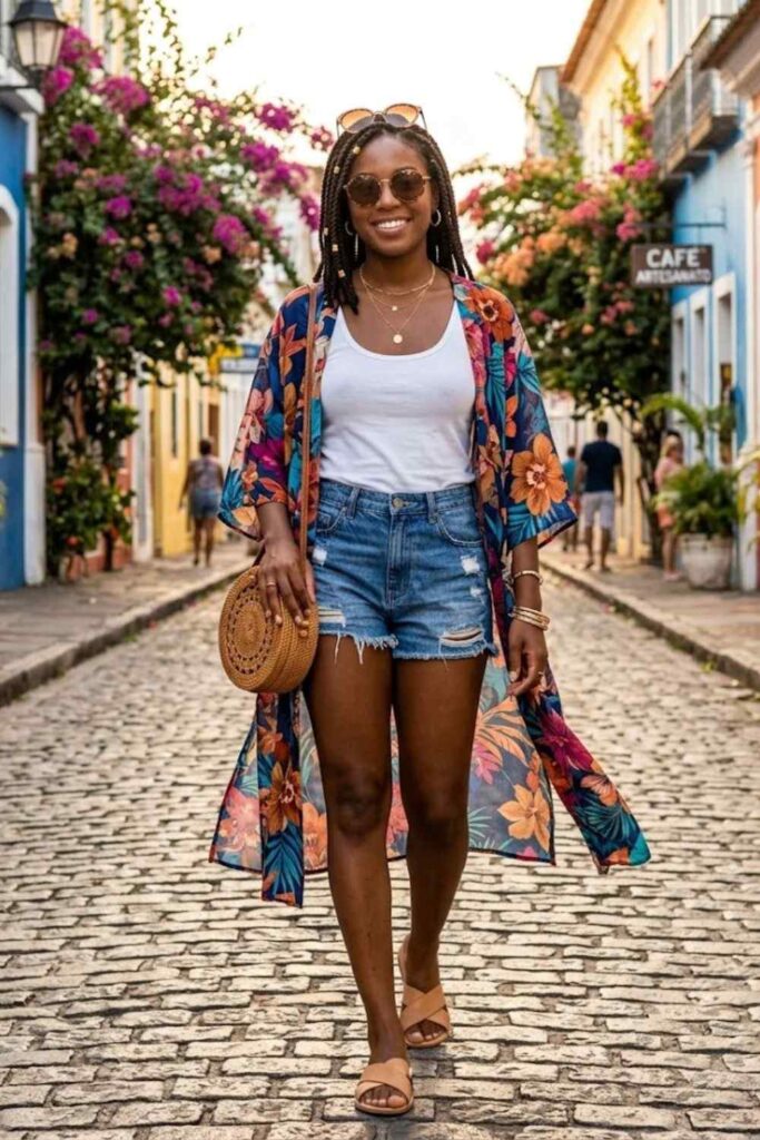 15. Kimono Layer With Tank and Shorts