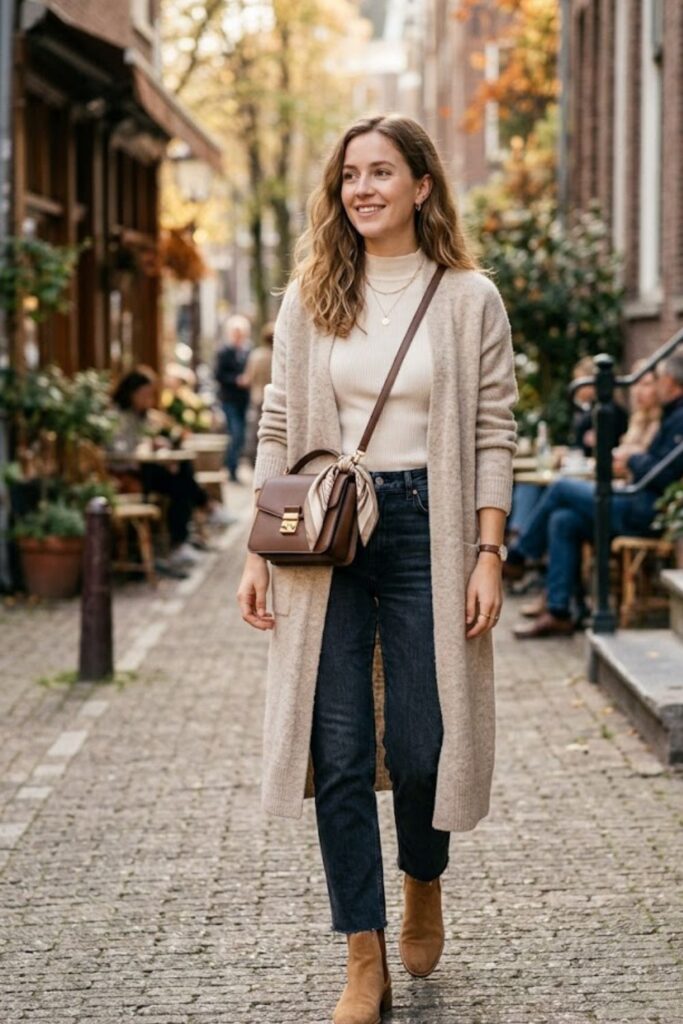 15. Long Cardigan With Jeans and Boots