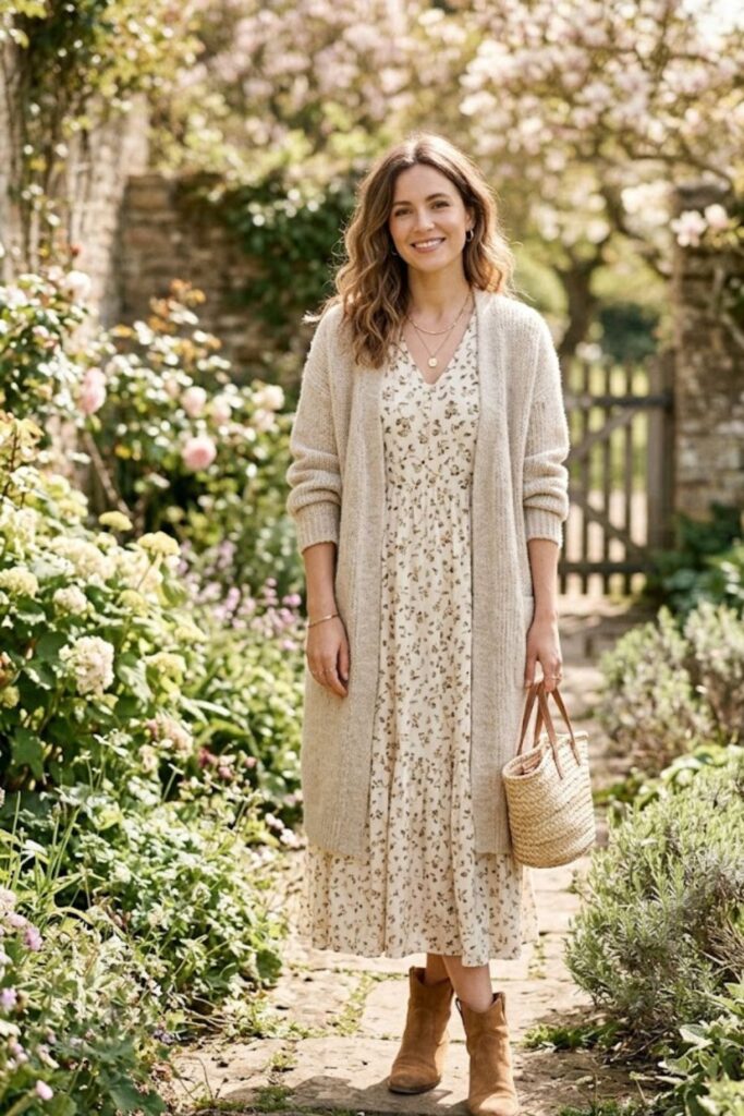 15. Long Cardigan With Midi Dress