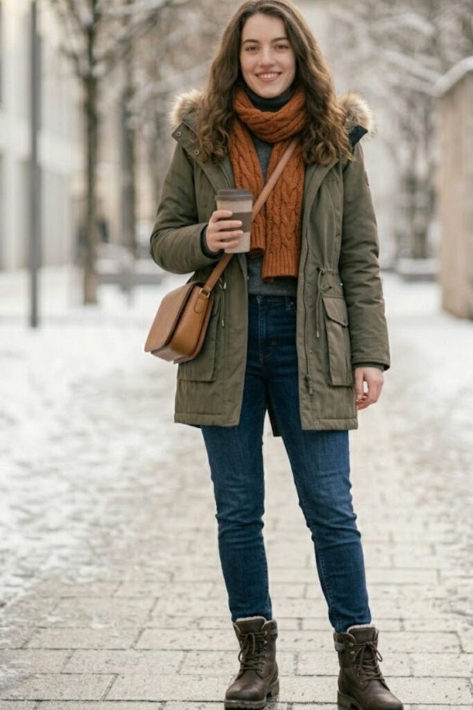 15. Parka with Jeans and Knit Sweater