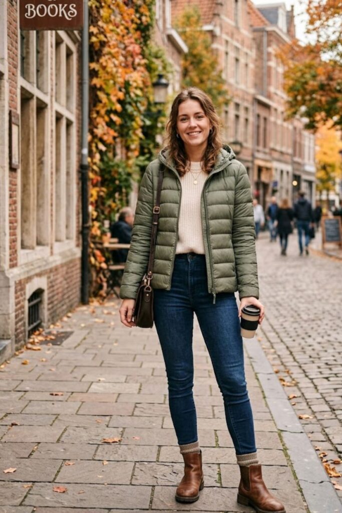 15. Puffer Jacket With Skinny Jeans
