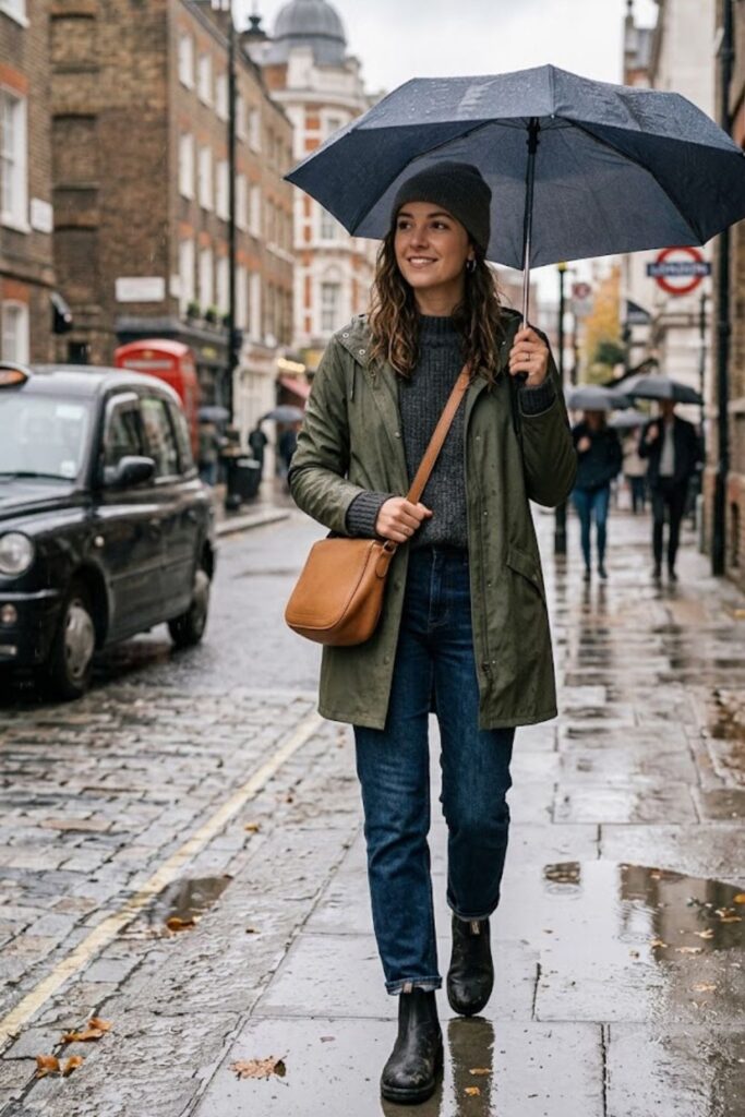 15. Raincoat with Jeans and Boots