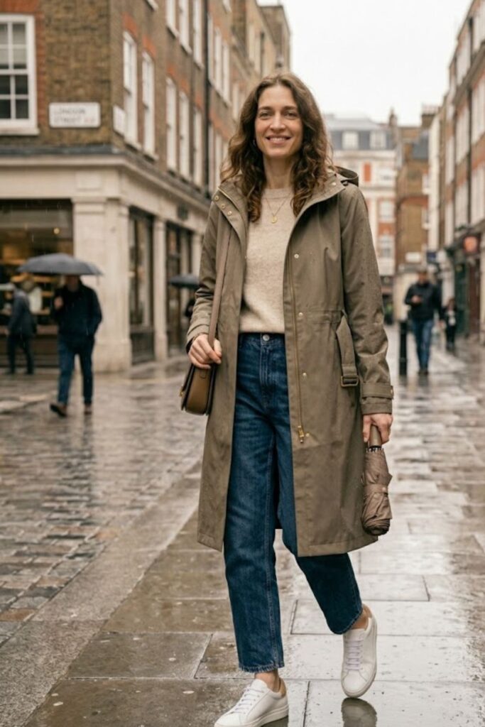 15. Raincoat with Jeans and Sneakers