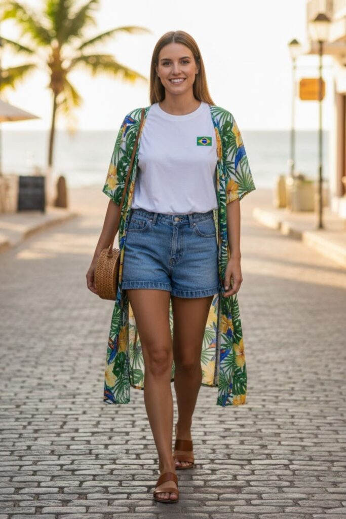 15. T-Shirt With High-Waisted Shorts and Kimono