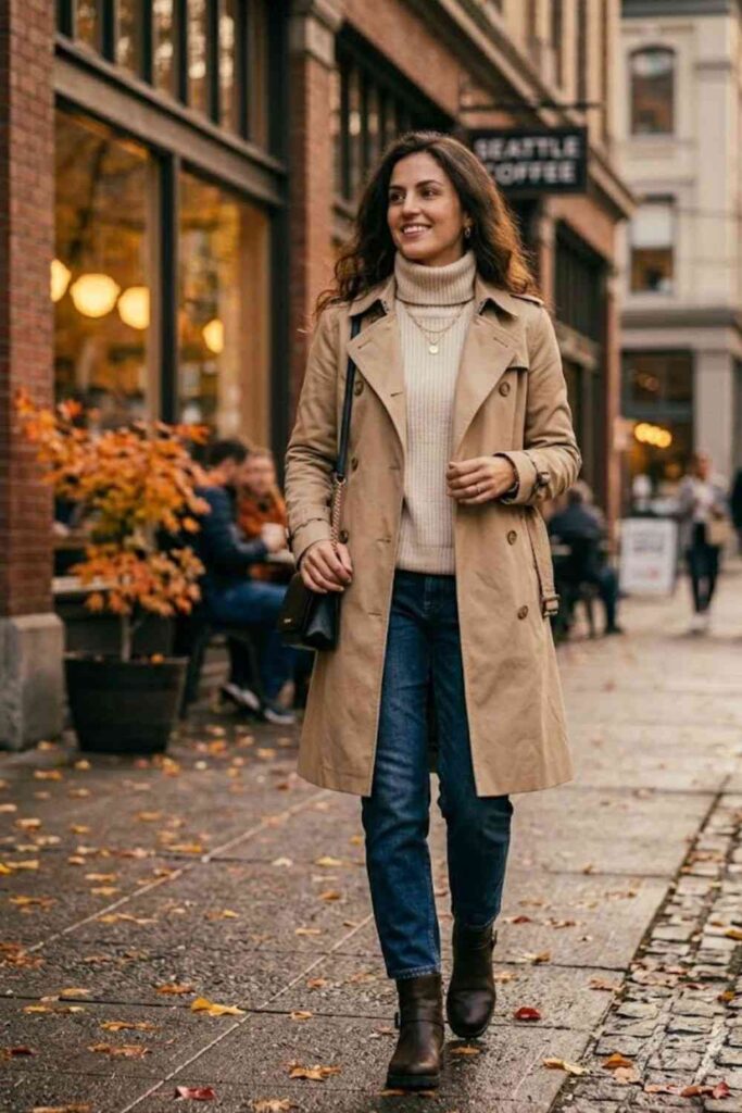 15. Trench Coat with Layered Sweater