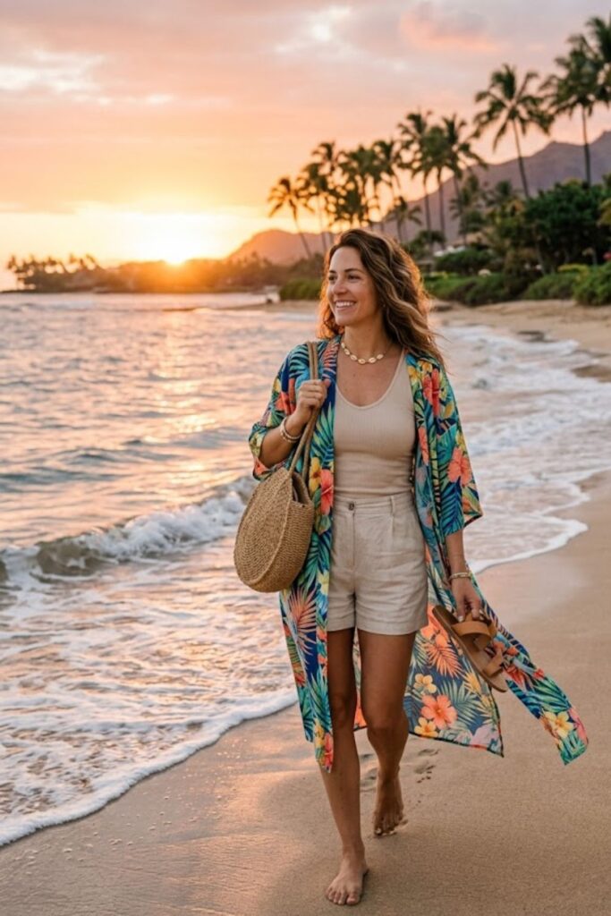 15. Tropical Kimono With Shorts And Tank