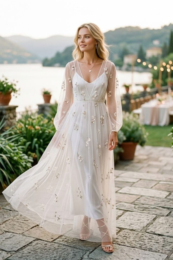 15. White Sheer Overlay Dress with Sandals