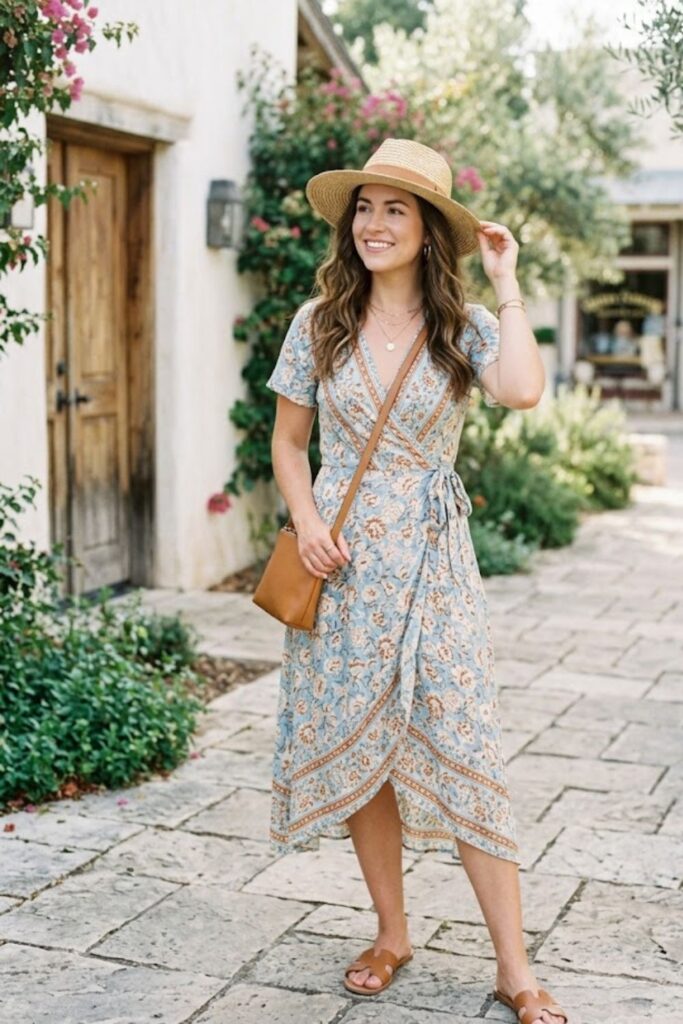 15. Wrap Dress with Flat Sandals