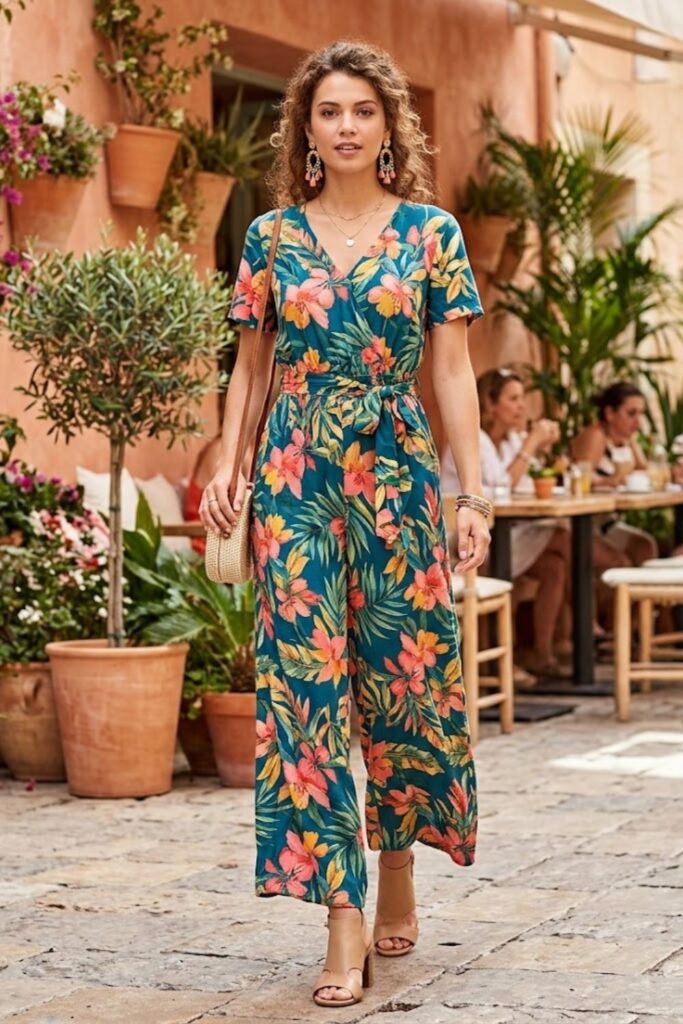 2. Bold Printed Jumpsuit with Statement Earrings