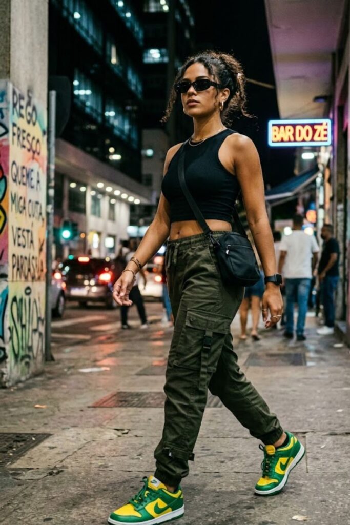 2. Brazil Dunks With Cargo Pants and Crop Top
