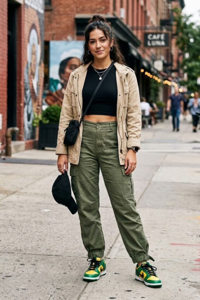 2. Brazil Dunks With Cargo Pants and Crop Top