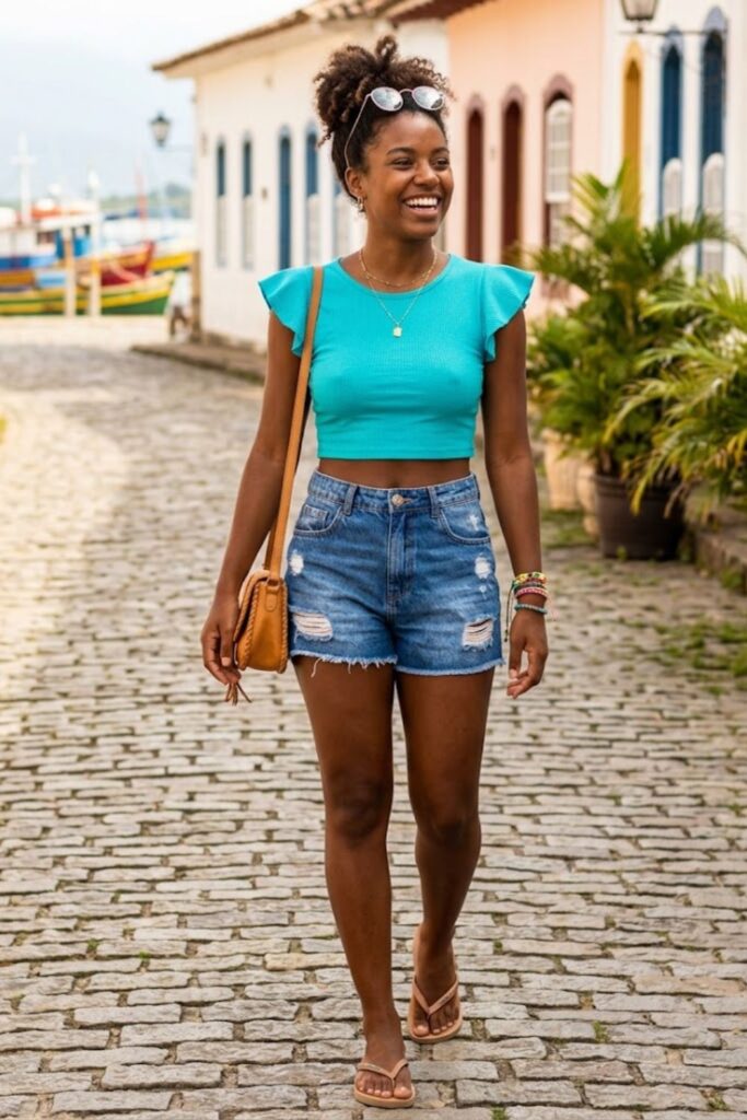 2. Crop Top With High-Waisted Denim Shorts