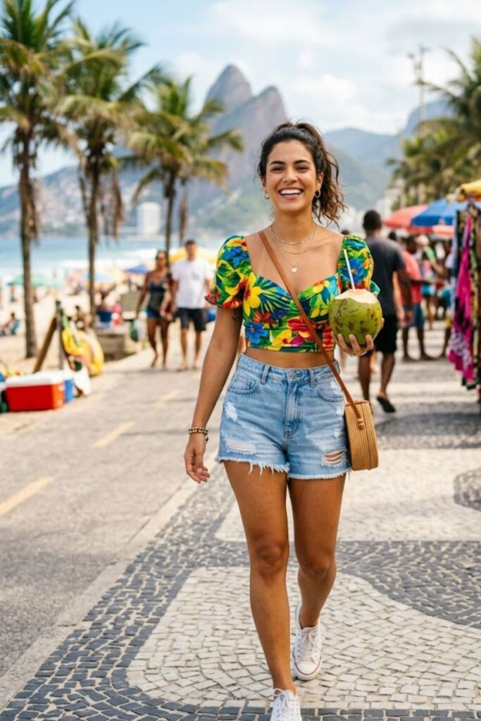 2. Crop Top With High-Waisted Denim Shorts