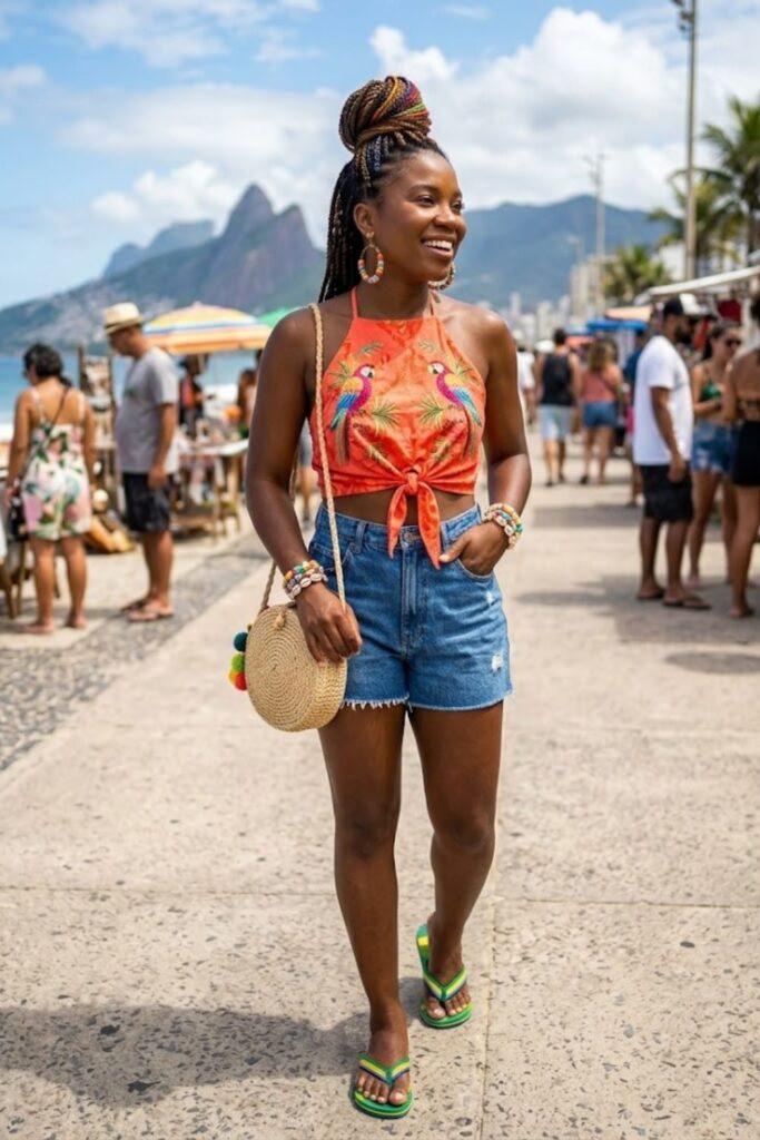 2. Crop Top With High-Waisted Denim Shorts