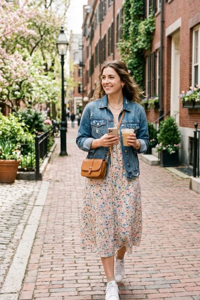 2. Denim Jacket With Floral Dress