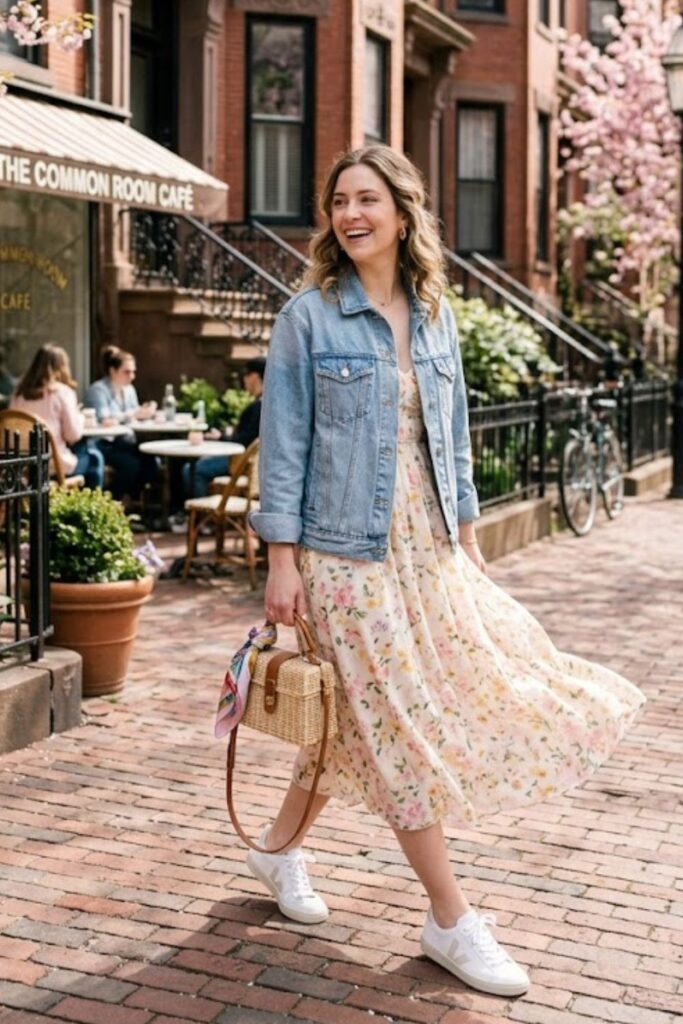 2. Denim Jacket With Floral Dress