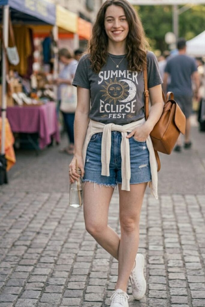 2. Denim Shorts with Graphic Tee