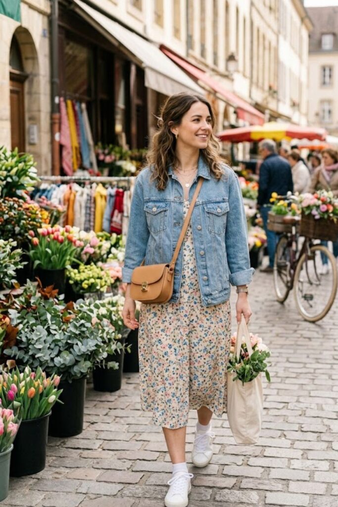 2. Floral Dress With Denim Jacket