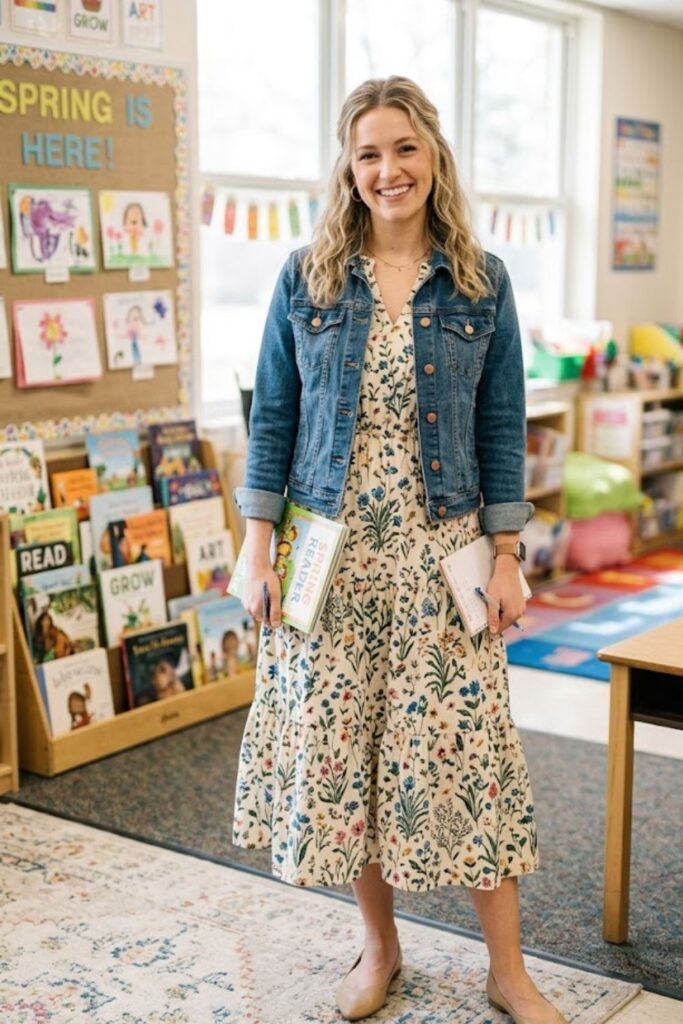 2. Floral Midi Dress with a Denim Jacket