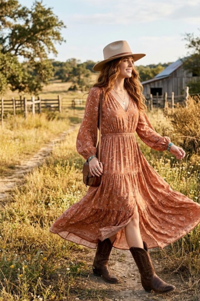 2. Flowy Maxi Dress With Western Boots