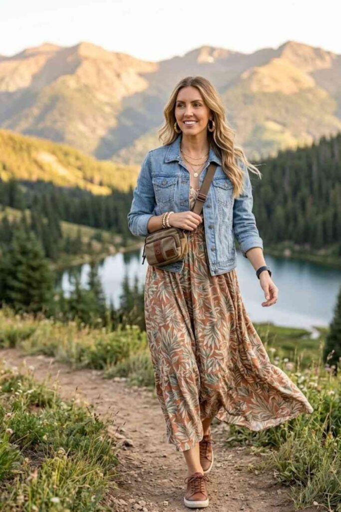 2. Flowy Maxi Dress with Denim Jacket