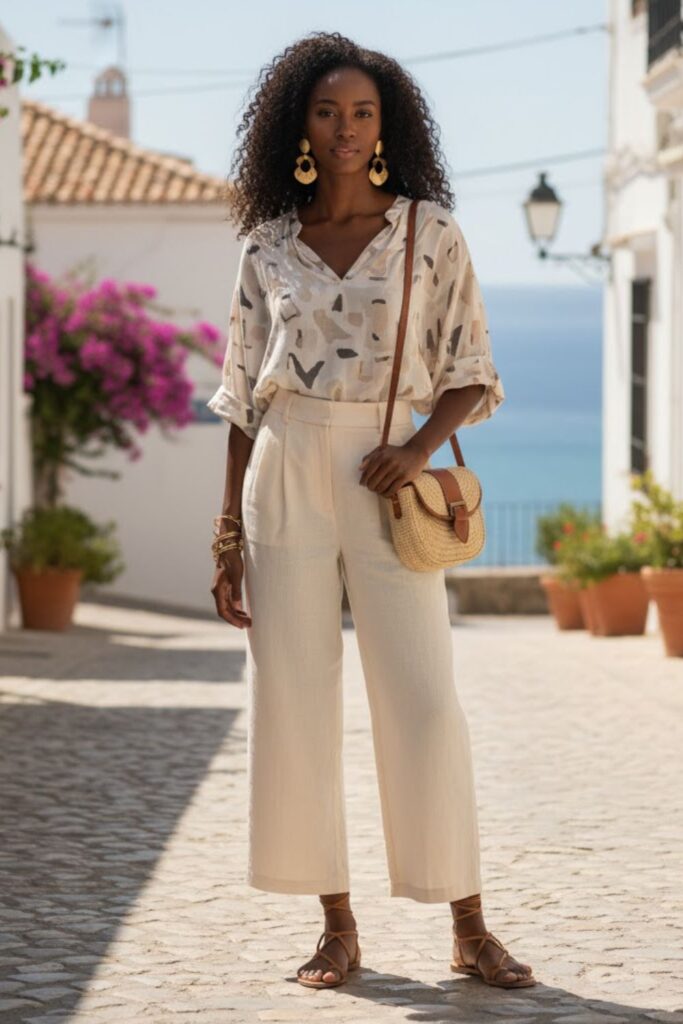 2. High-Waisted Linen Pants with Blouse