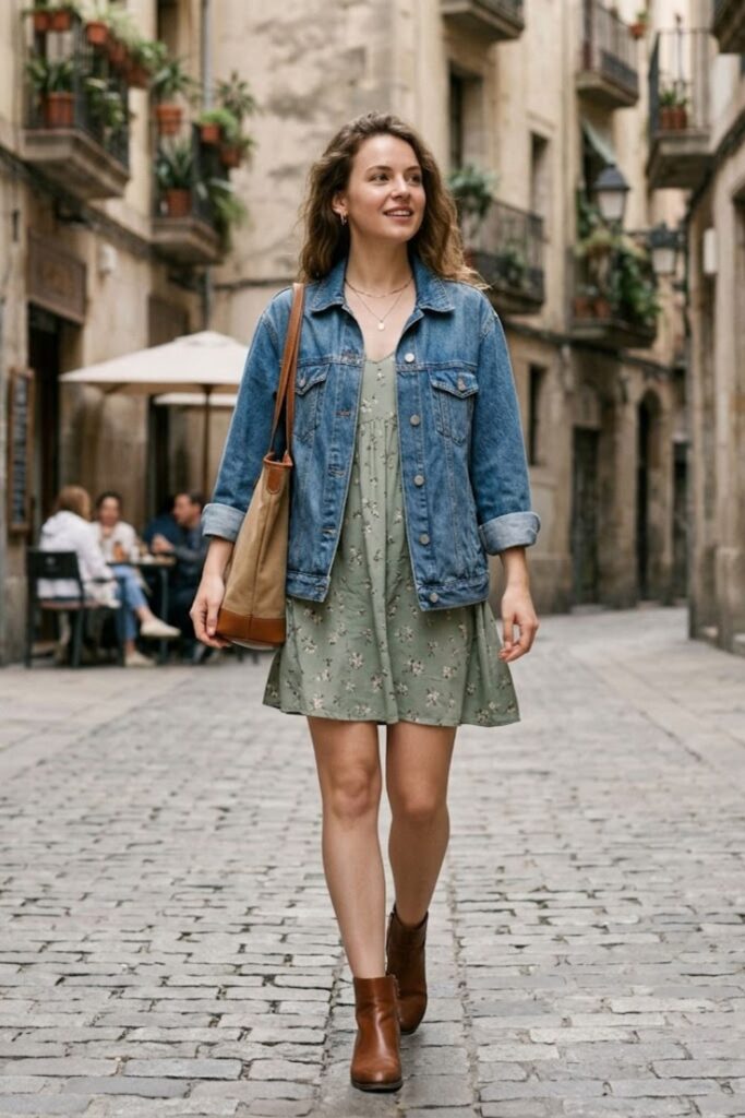 2. Lightweight Dress with Denim Jacket
