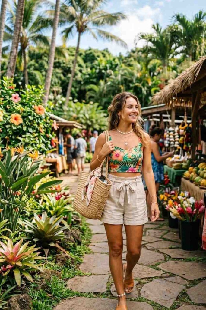 2. Linen Shorts With Printed Crop Top
