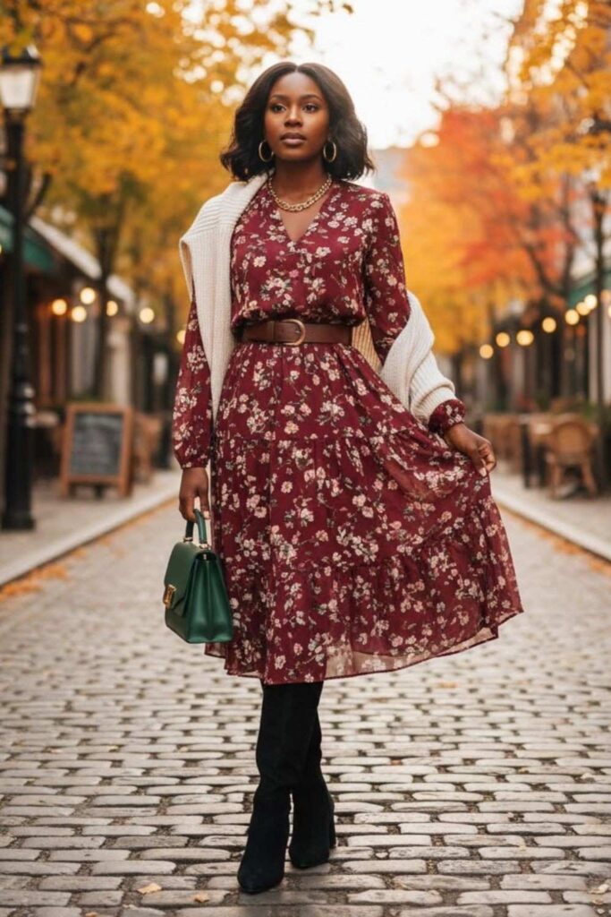 2. Long-Sleeve Midi Dress with Knee-High Boots