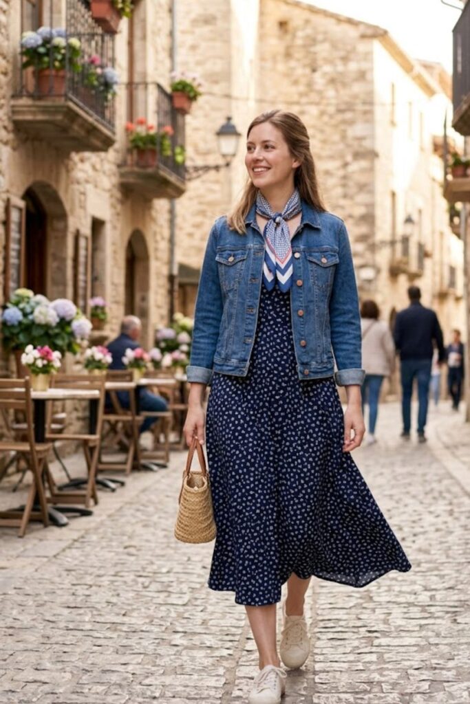 2. Midi Dress with Denim Jacket