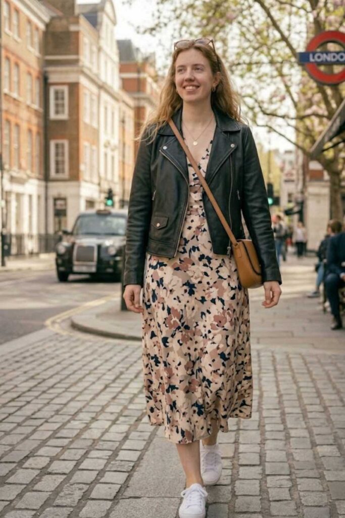 2. Midi Dress with Leather Jacket