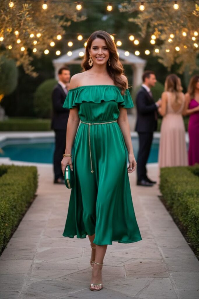 2. Off-Shoulder Midi Dress with Strappy Sandals