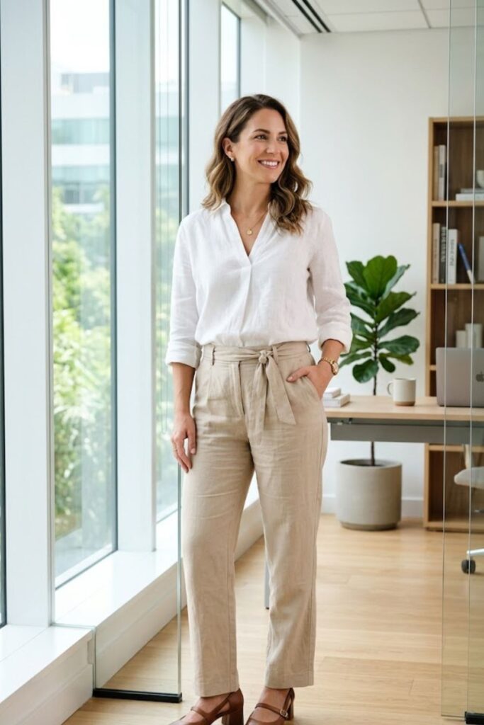 2. Pastel Button-Up Shirt with White Trousers