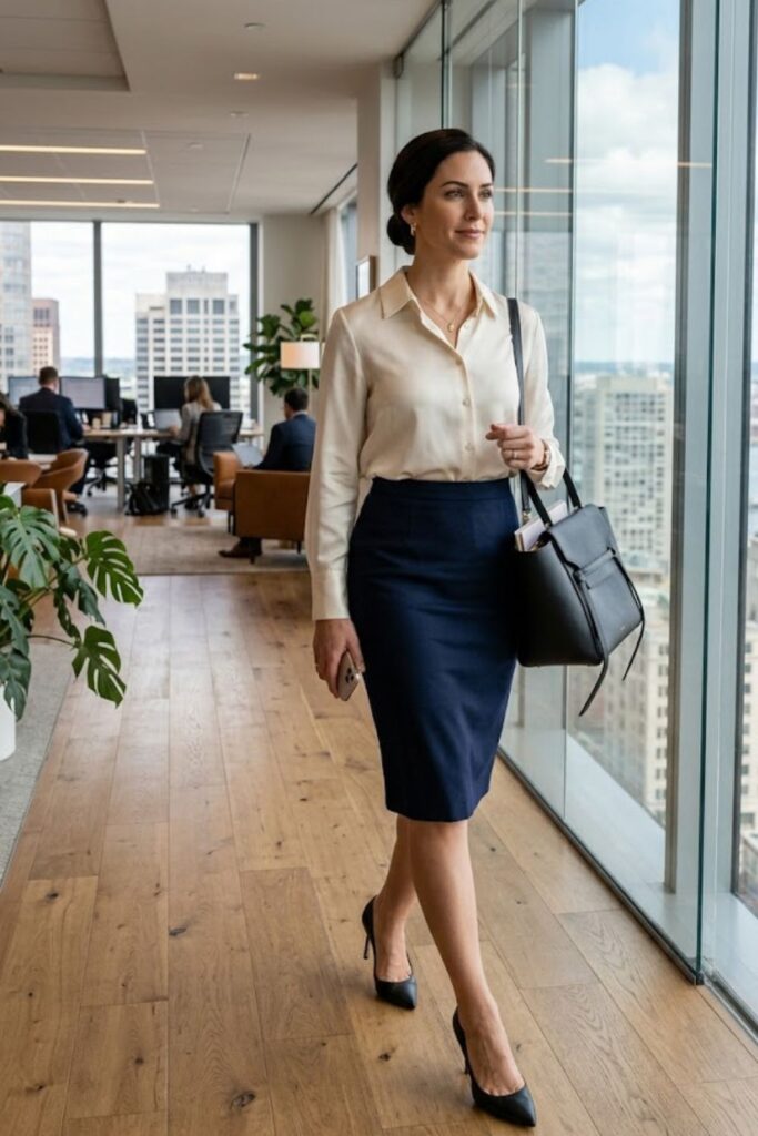 2. Pencil Skirt With Silk Blouse