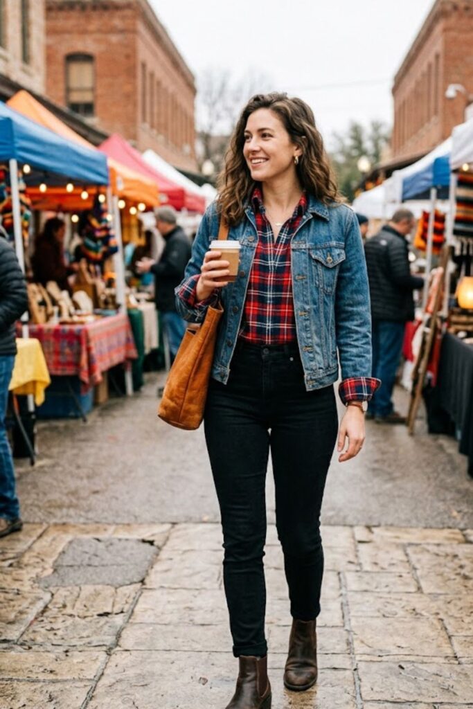 2. Plaid Shirt With Denim Jacket and Black Jeans