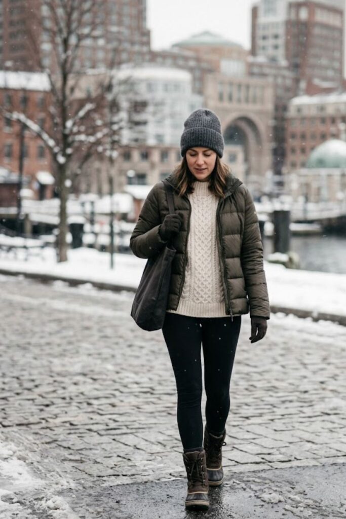 2. Puffer Jacket with Sweater and Leggings