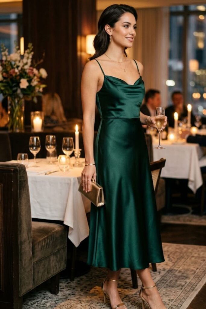 2. Satin Midi Dress With Minimal Heels