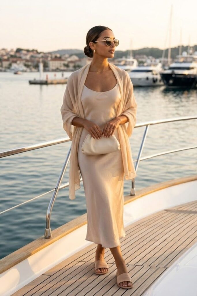 2. Satin Slip Dress with Lightweight Shawl