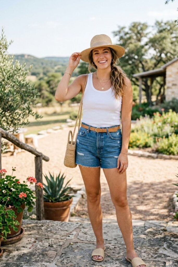 2. Tank Top with High-Waisted Shorts